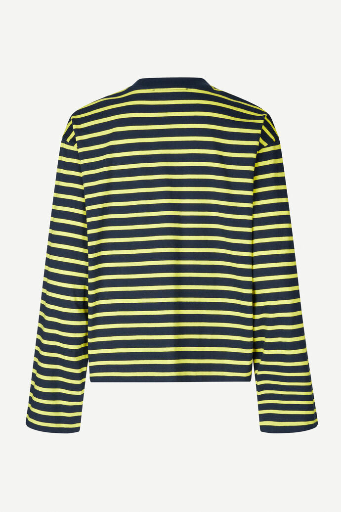Crew neck navy relaxed fit tee with bright yellow stripes