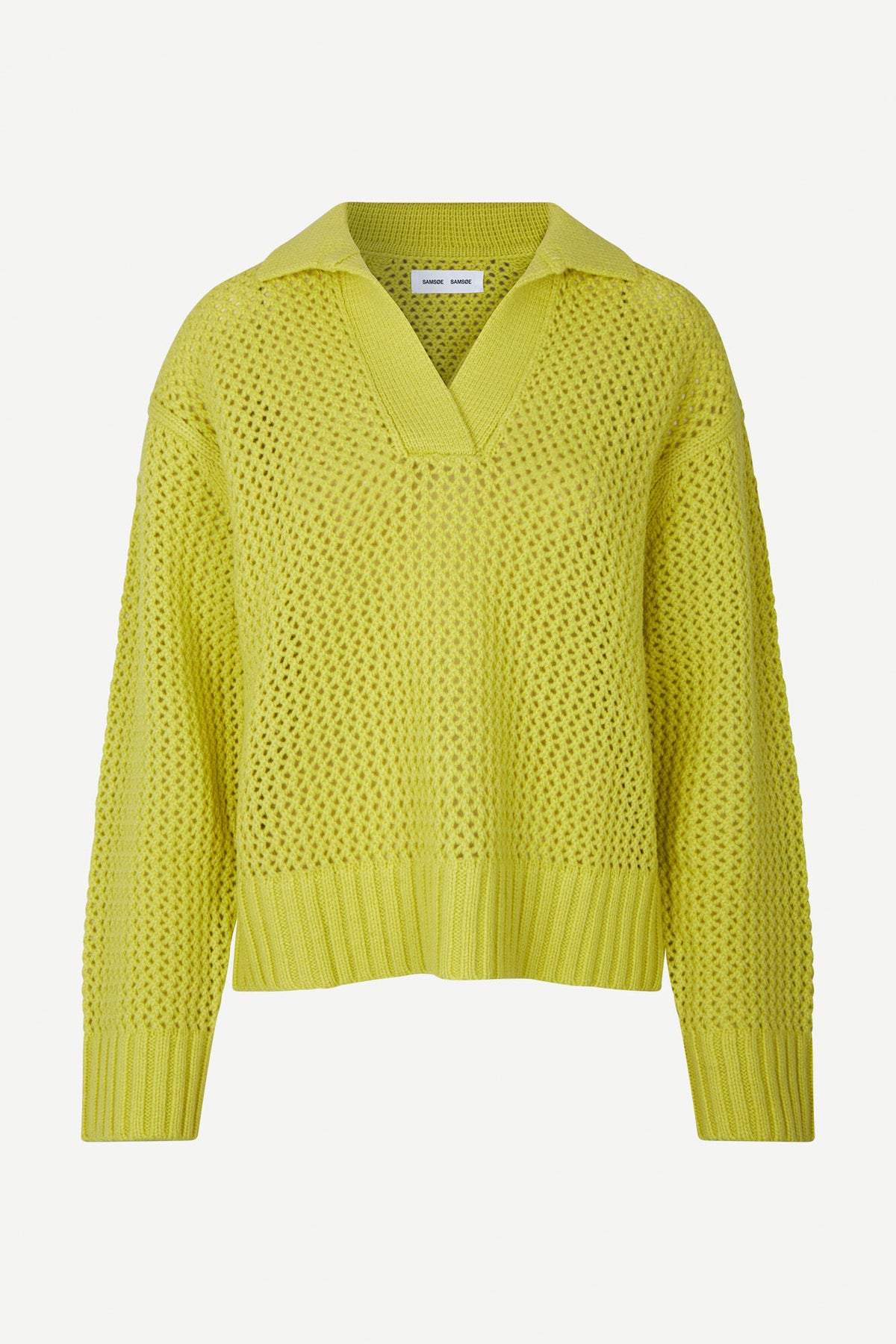 Acid green fisherman's knitted polo jumper with long sleeves and ribbed cuffs collars and hemA