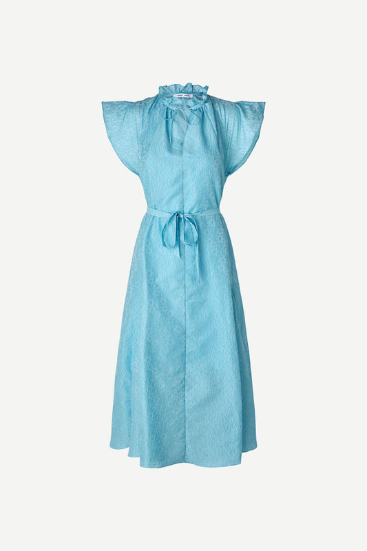 Long baby blue A line long dress with ruffle collar and capped sleeves made from a fabric embossed with small flowers