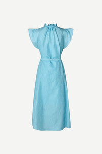 Long baby blue A line long dress with ruffle collar and capped sleeves made from a fabric embossed with small flowers
