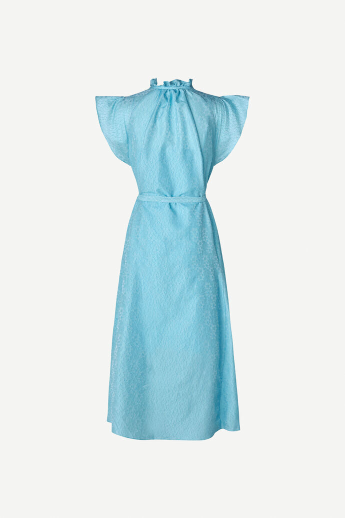 Long baby blue A line long dress with ruffle collar and capped sleeves made from a fabric embossed with small flowers