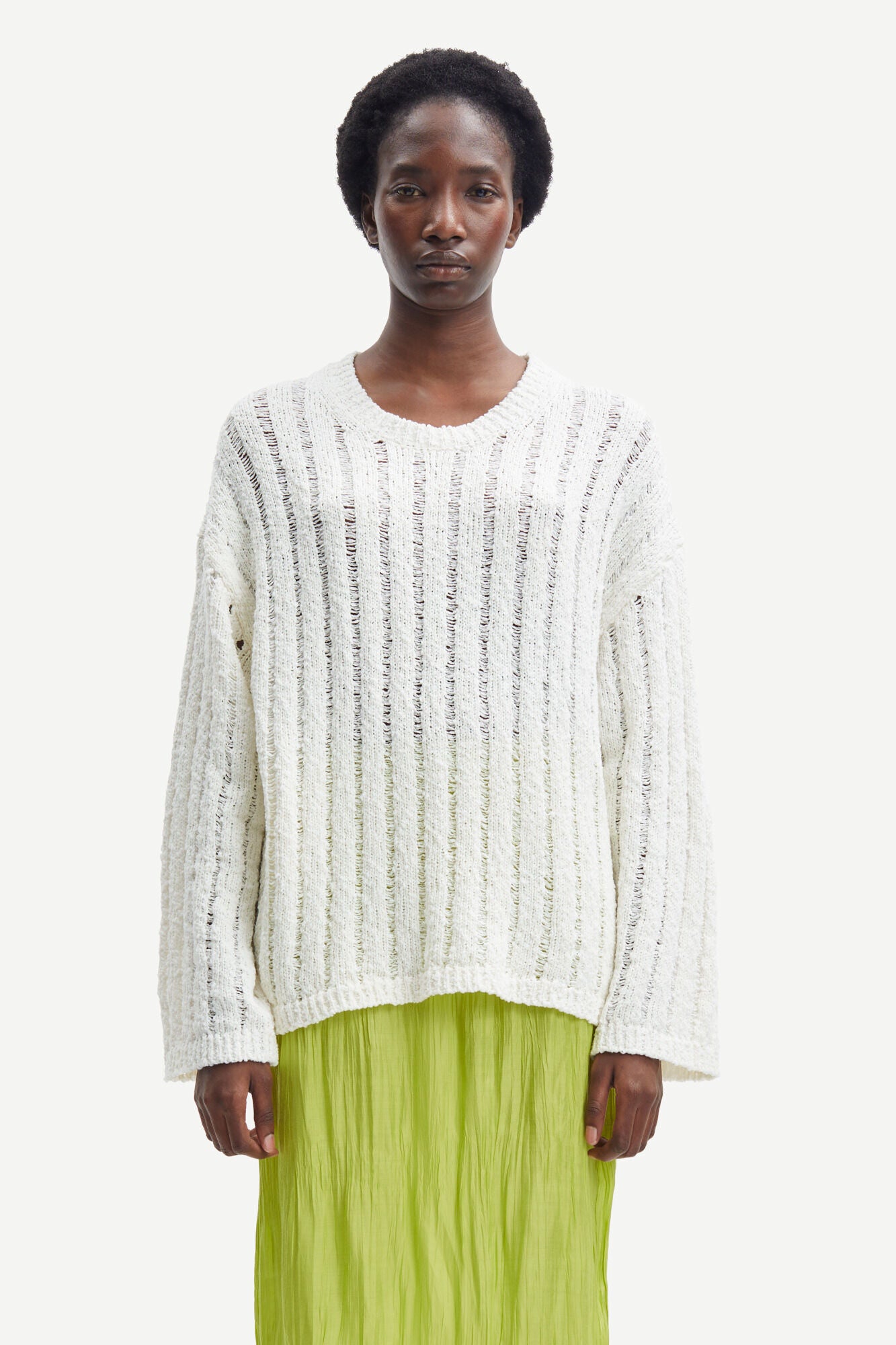 Off white ladder detail knit with long sleeves and crew neck relaxed oversized fit