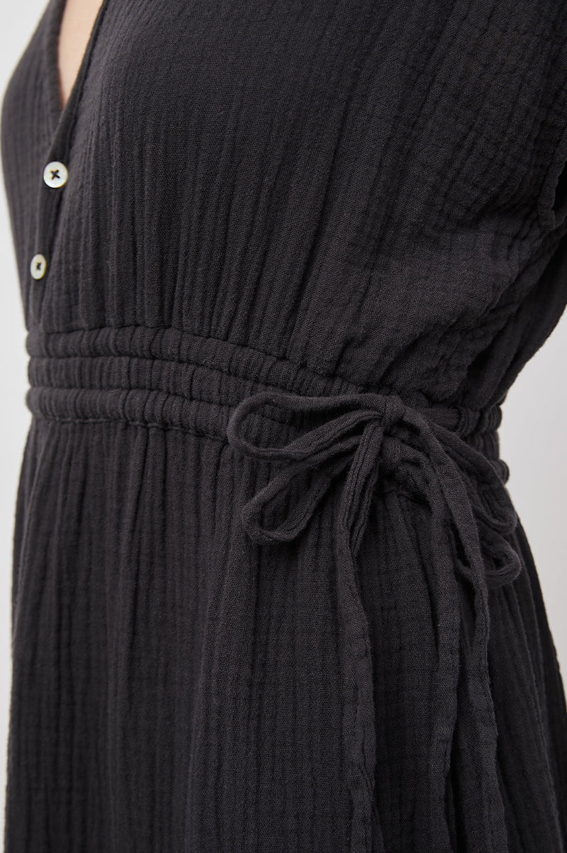 Black V neck cotton dress with drawstring detail