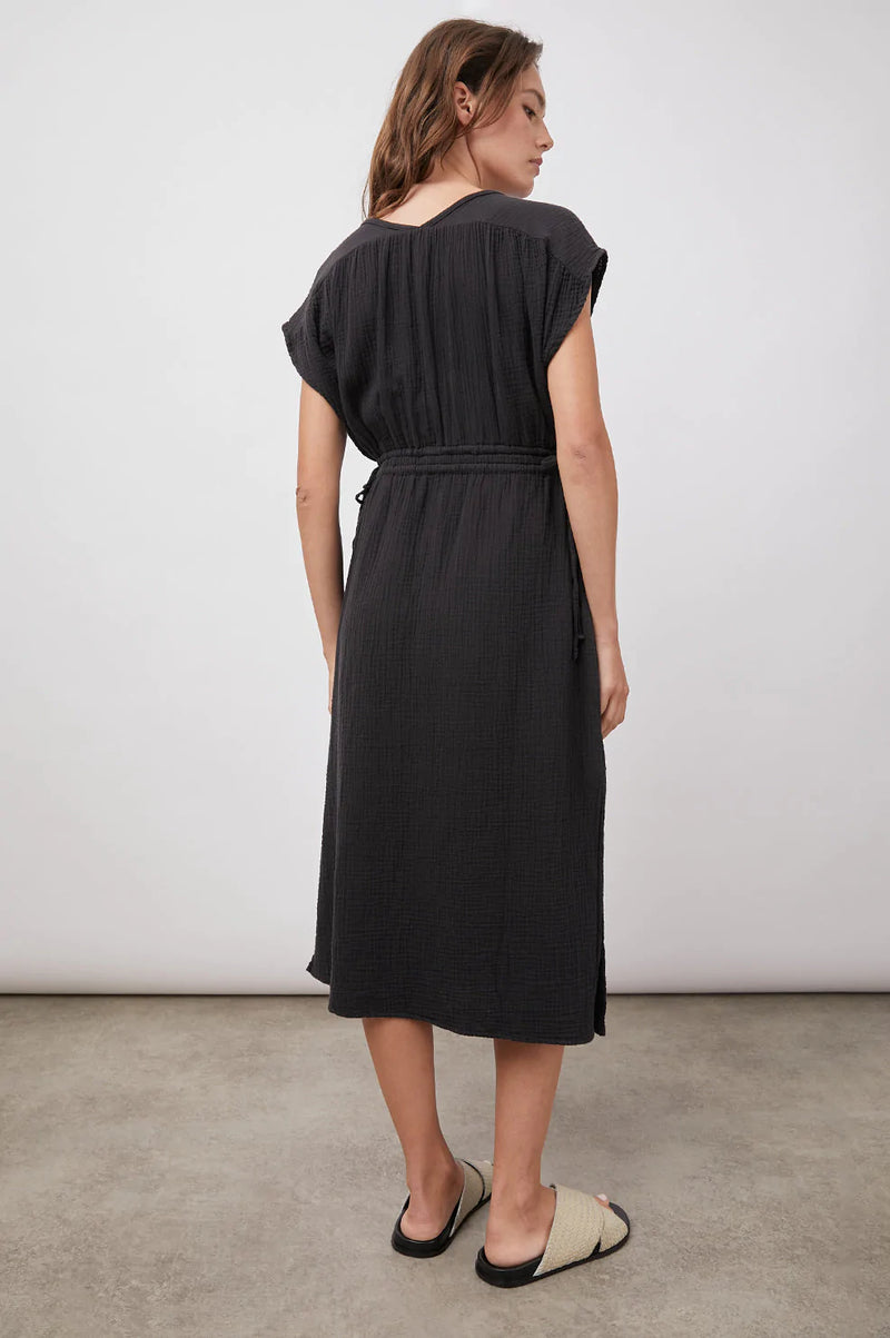 Black V neck cotton dress with drawstring detail
