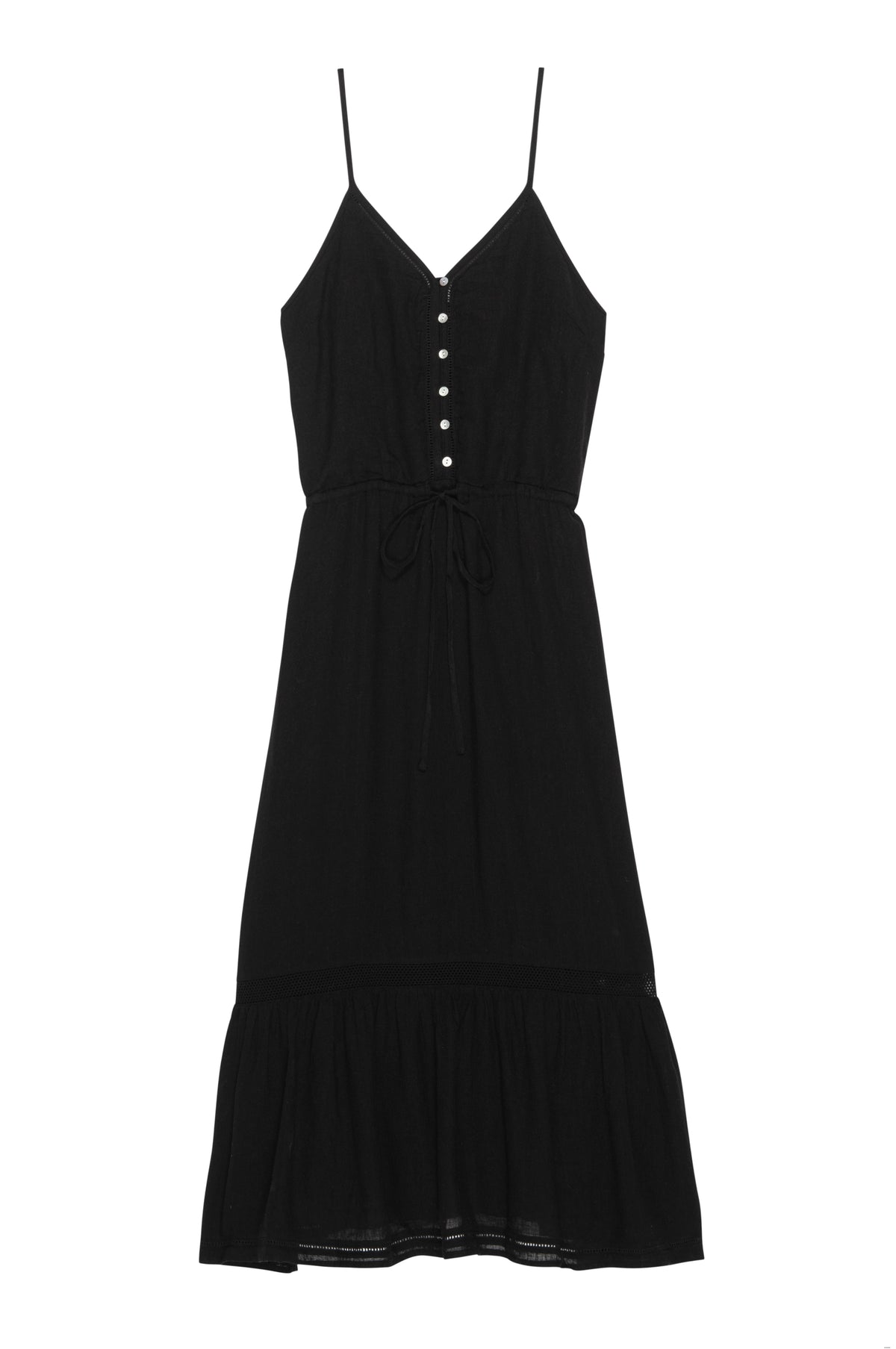 Black linen blend button through dress with spaghetti straps and shaped hem
