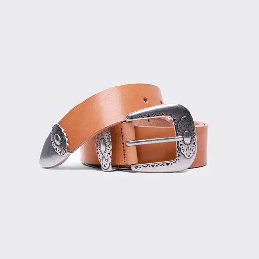 Natural leather belt with silver coloured hardwear