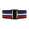 Elasticated sparkly belt with black base and blue white and red horizontal stripes with gun metal grey buckle