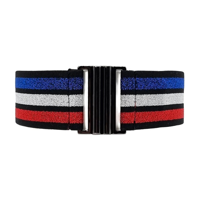 Elasticated sparkly belt with black base and blue white and red horizontal stripes with gun metal grey buckle