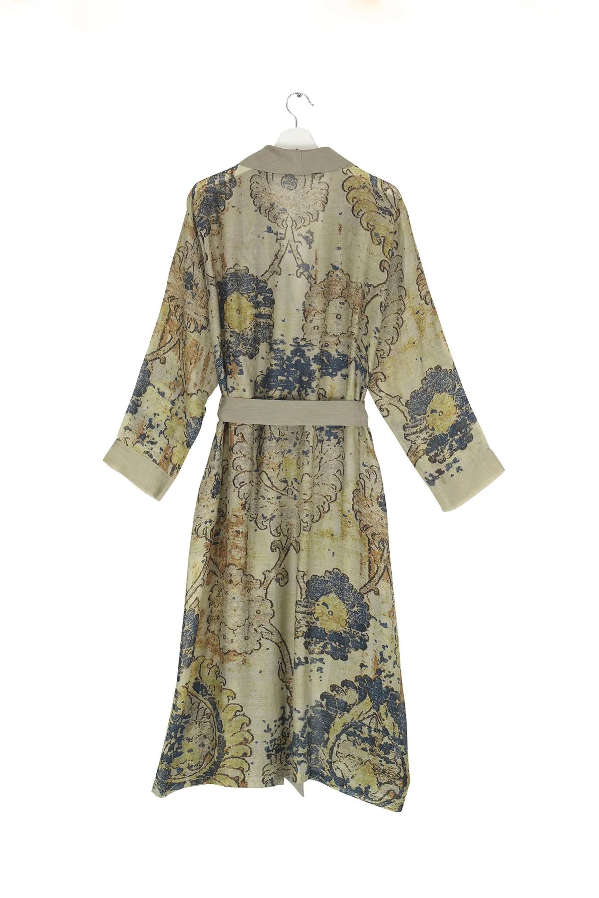 Taupe robe with print contrast collar and cuffs and a fabric tie waist