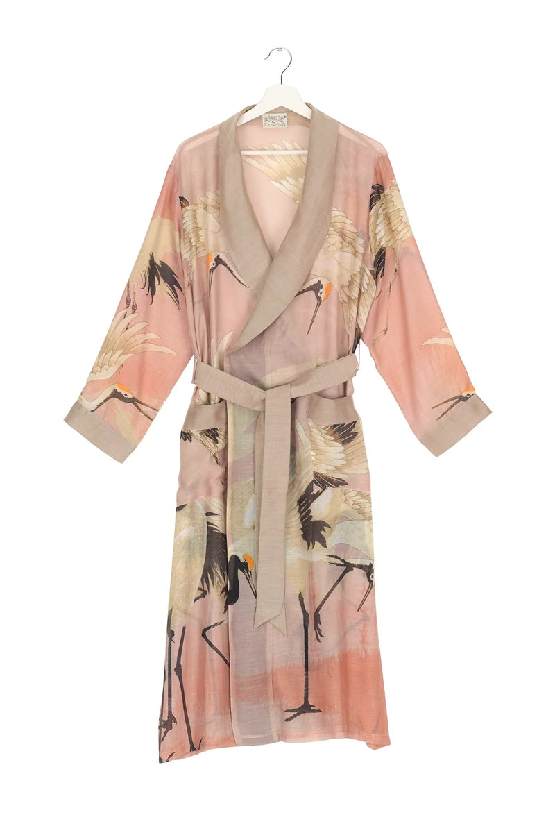Taupe and blush pink stork dressing gown with fabric tie waist and shawl collar