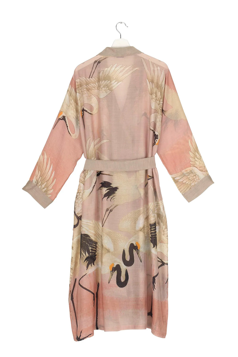 Taupe and blush pink stork dressing gown with fabric tie waist and shawl collar