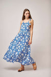 Thin strap sundress in blue with white floral print with triple layers and tassel self tie straps