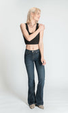 Vintage wash denim with a high waist and flare