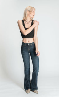 Vintage wash denim with a high waist and flare