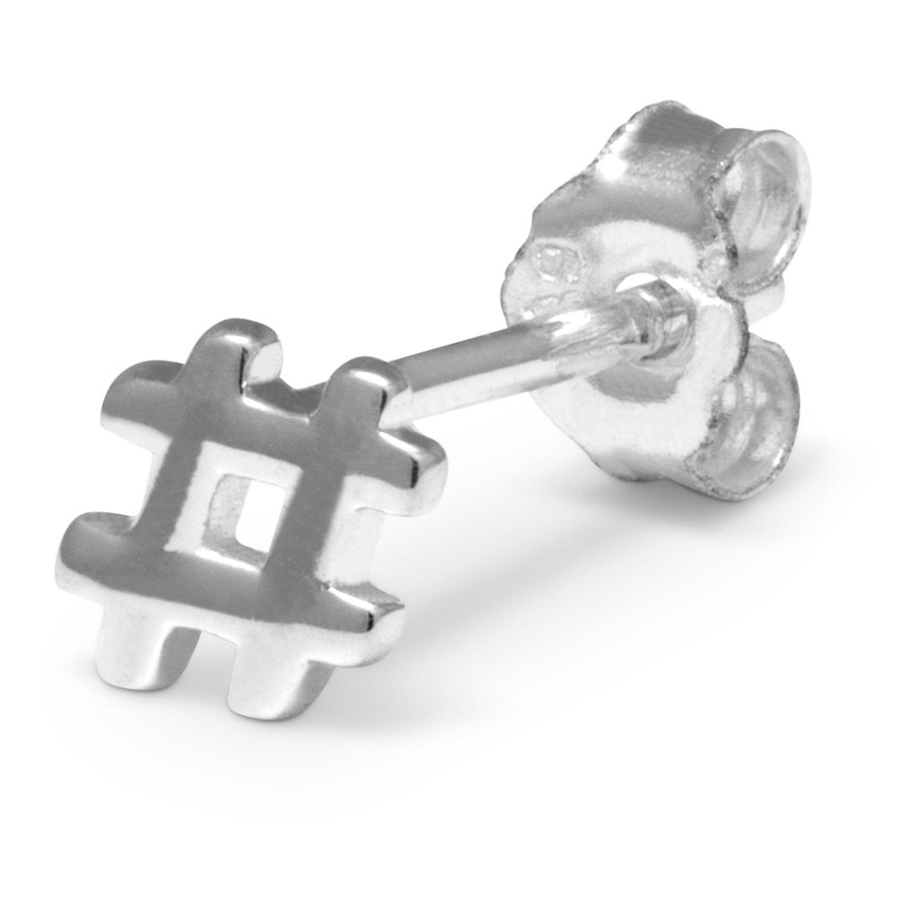 Silver stud earring in the shape of a hashtag
