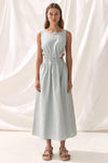 Light grey linen midi dress with high neck and elasticated cut out features with a cross back