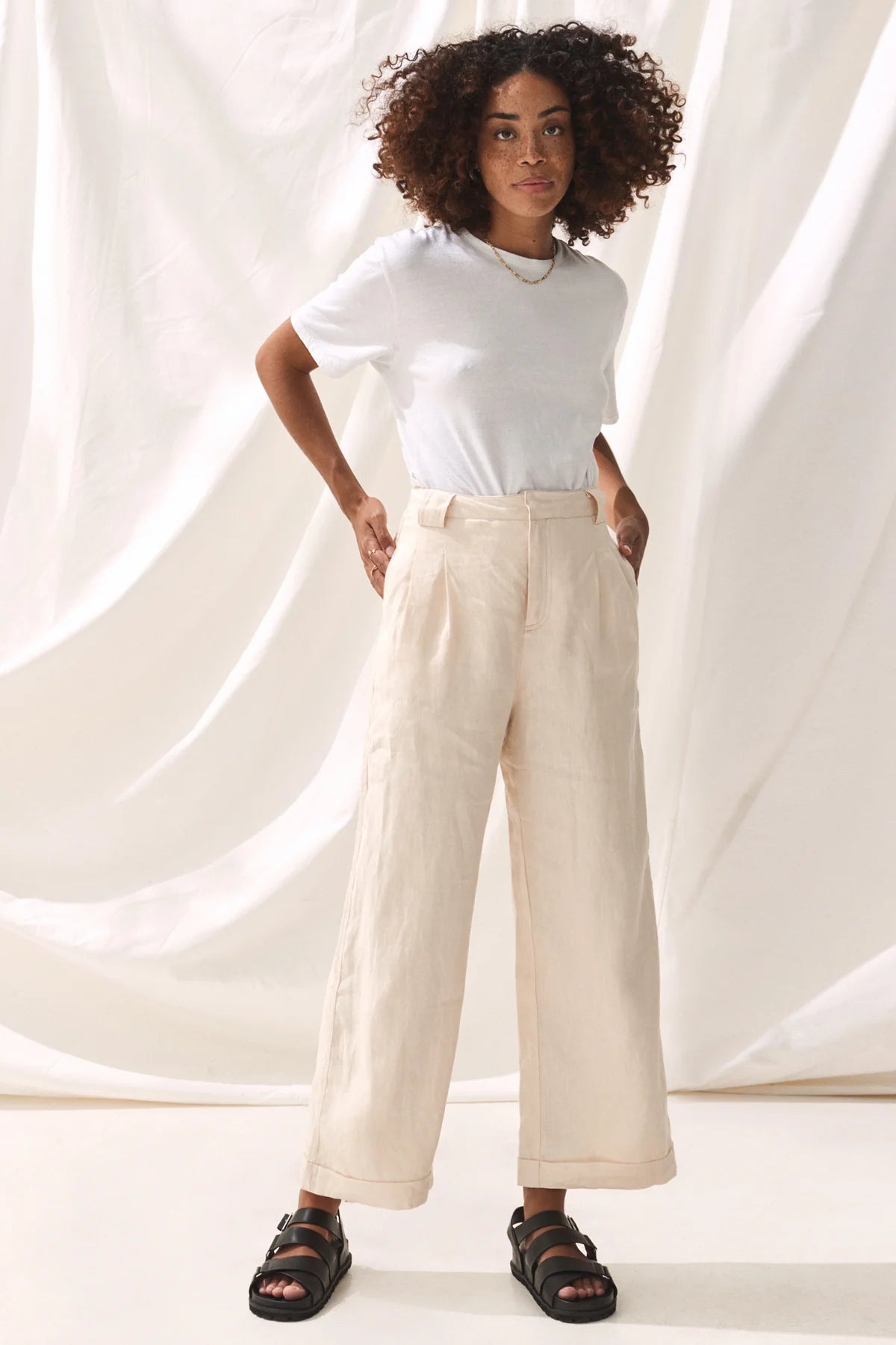 Solid Color Cotton Linen Pant in Off White  BMN70