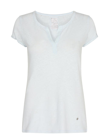 White short sleeve tee with v raw edge neck