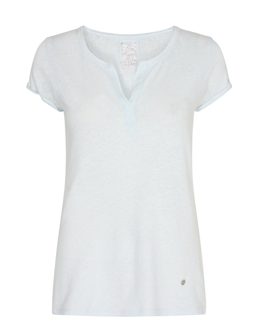 White short sleeve tee with v raw edge neck