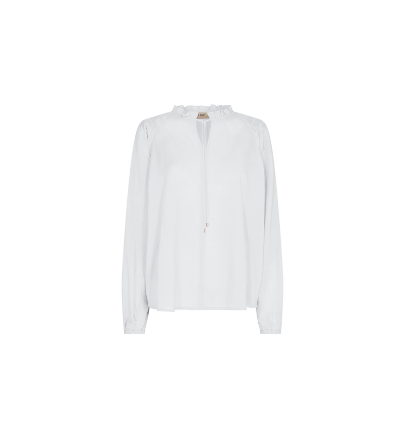 White cotton top with ruffle collar and long raglan sleeves