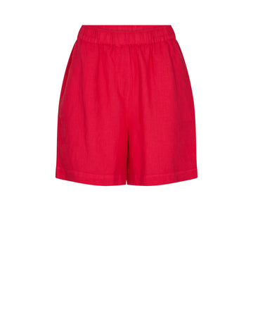 Red linen shorts with elasticated waistband and side seam pockets