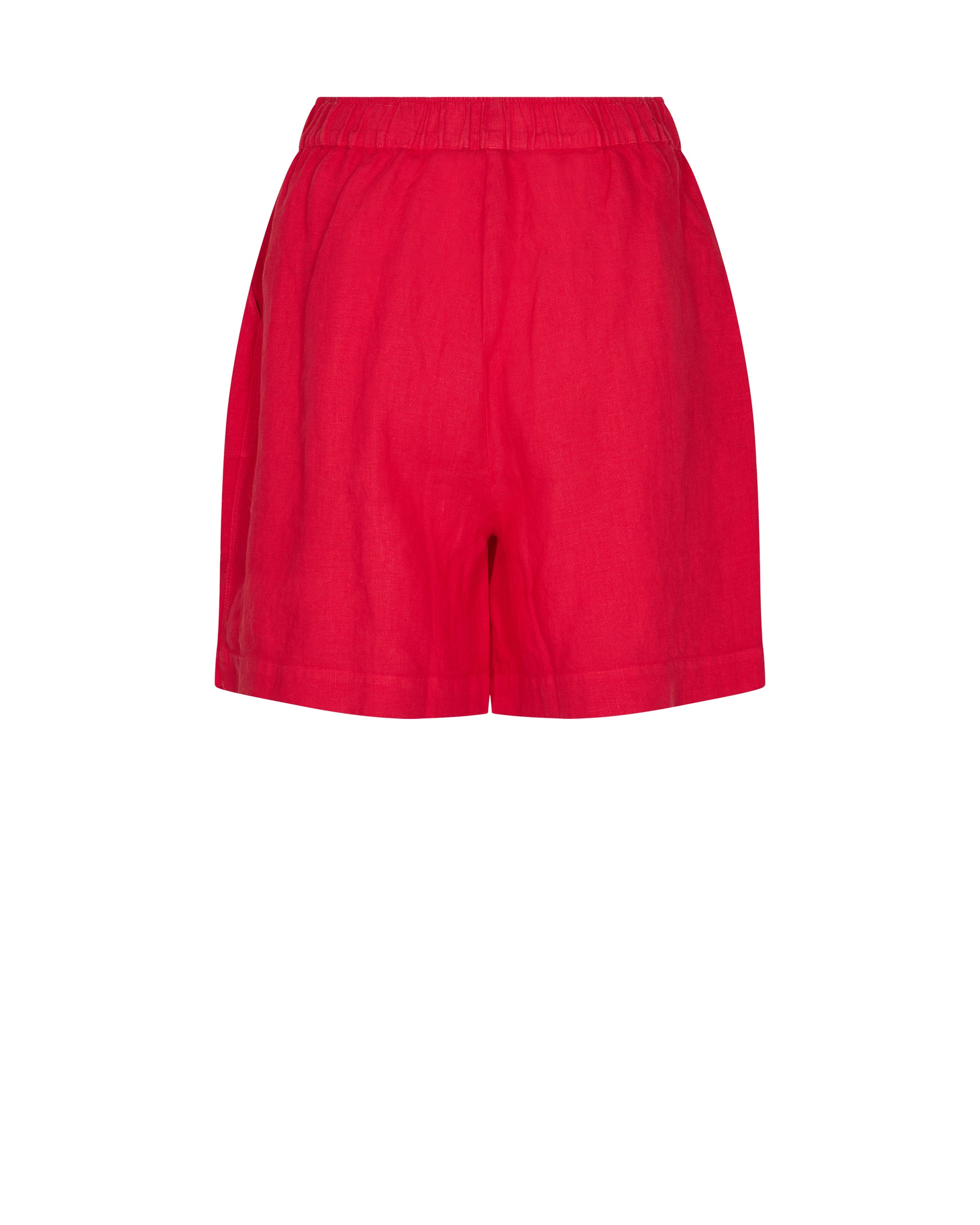 Red linen shorts with elasticated waistband and side seam pockets