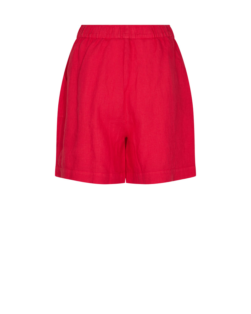 Red linen shorts with elasticated waistband and side seam pockets