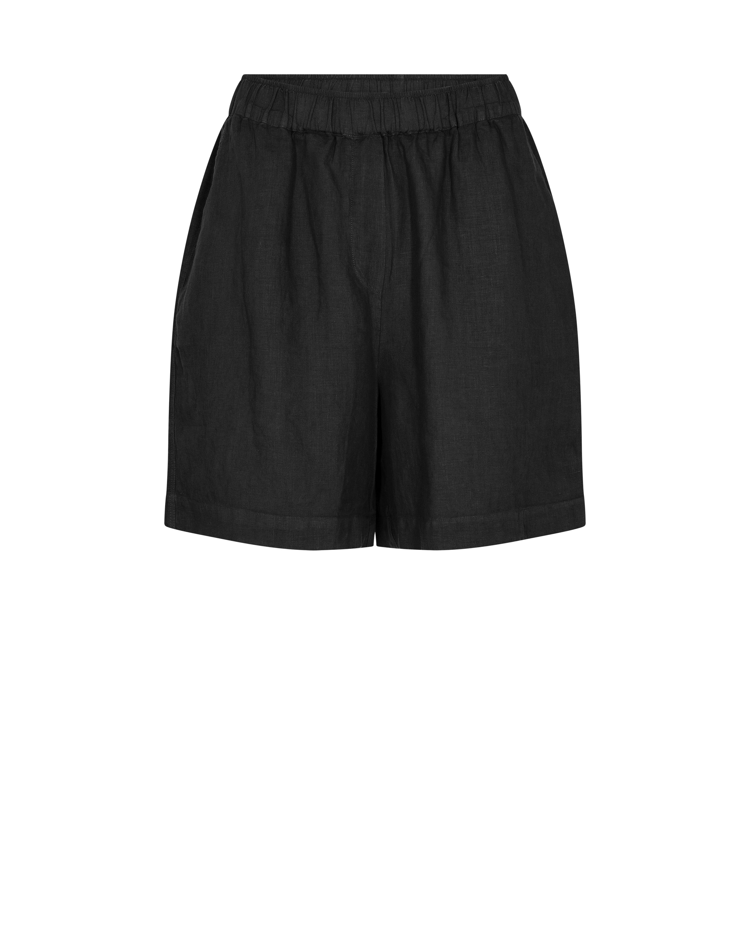 Black linen shorts with elasticated waistband and side seam pockets