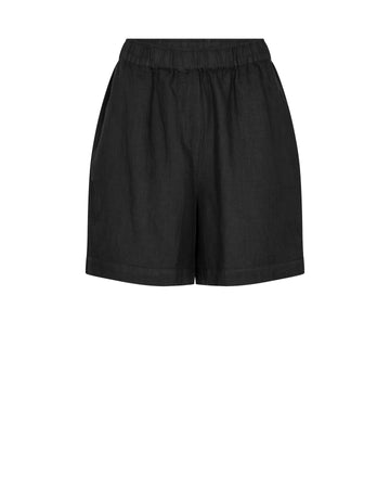 Black linen shorts with elasticated waistband and side seam pockets