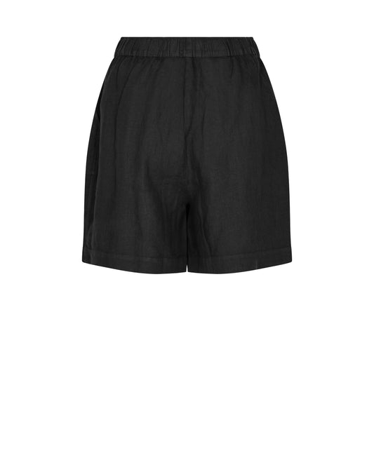 Black linen shorts with elasticated waistband and side seam pockets