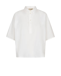 White short sleeved shirt with classic collar half placket with button fastenings and simple sewn hem boxy fit