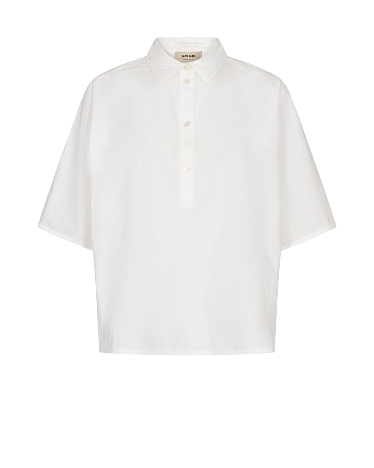 White short sleeved shirt with classic collar half placket with button fastenings and simple sewn hem boxy fit