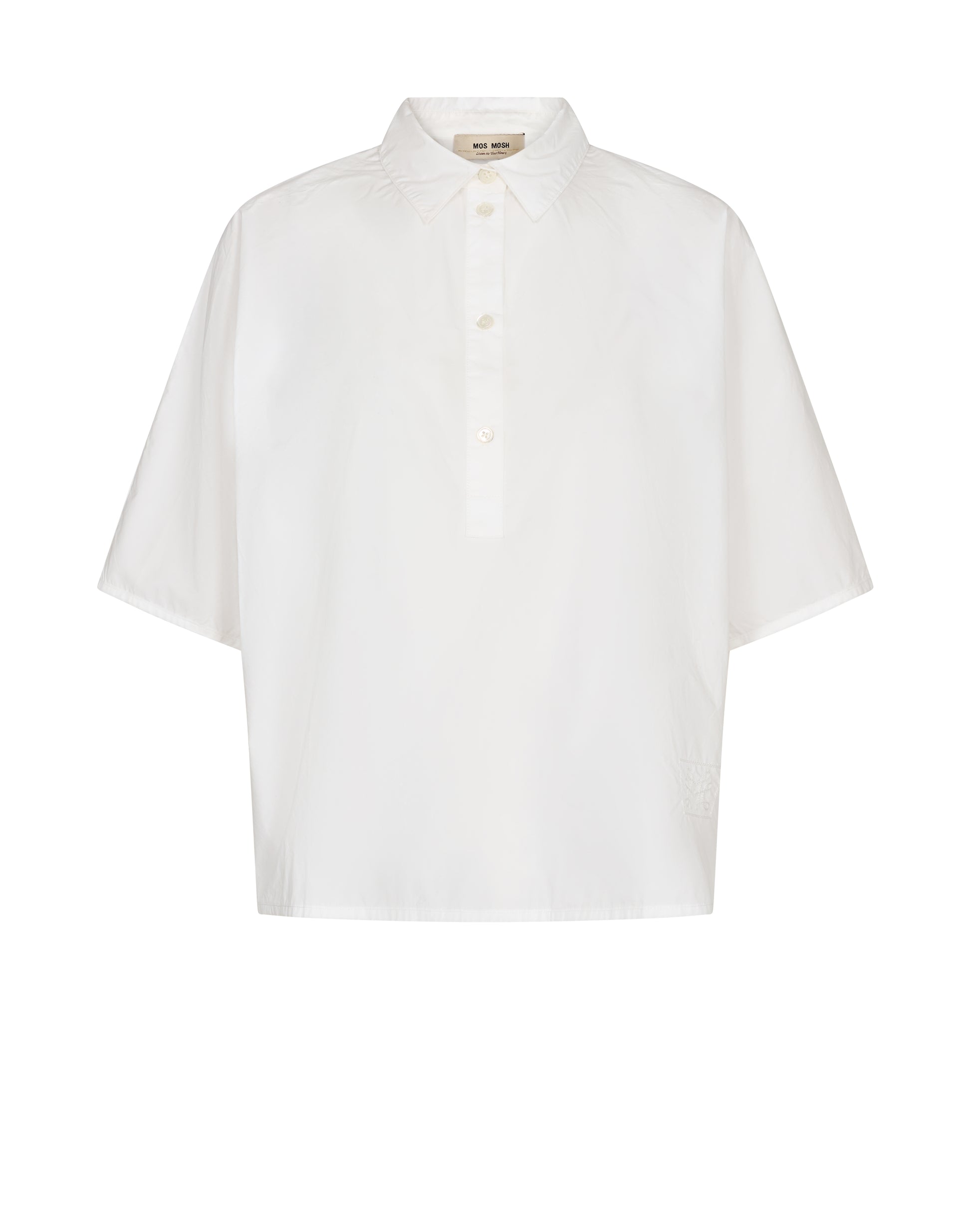 White short sleeved shirt with classic collar half placket with button fastenings and simple sewn hem boxy fit