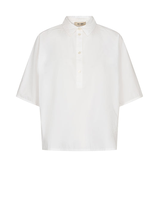 White short sleeved shirt with classic collar half placket with button fastenings and simple sewn hem boxy fit