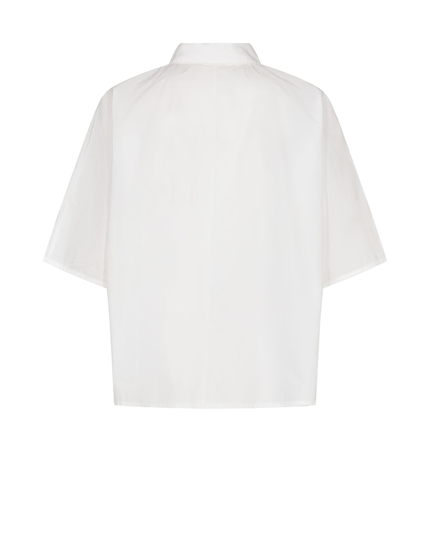 White short sleeved shirt with classic collar half placket with button fastenings and simple sewn hem boxy fit