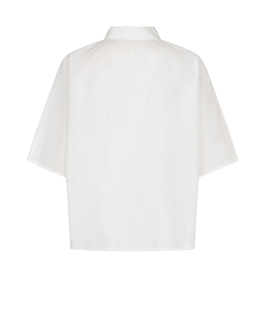 White short sleeved shirt with classic collar half placket with button fastenings and simple sewn hem boxy fit