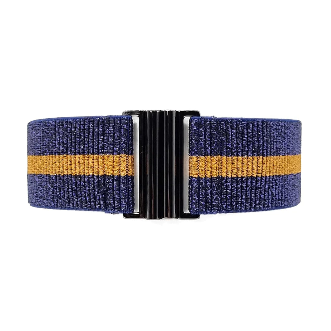 Elasticated sparkly belt in blue and orange with gun metal grey buckle