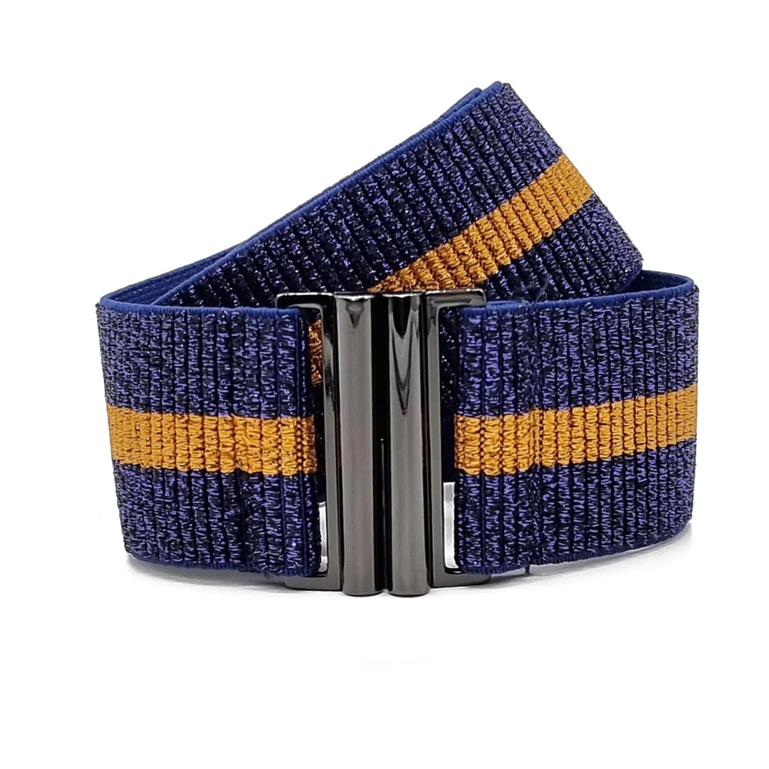 Elasticated sparkly belt in blue and orange with gun metal grey buckle