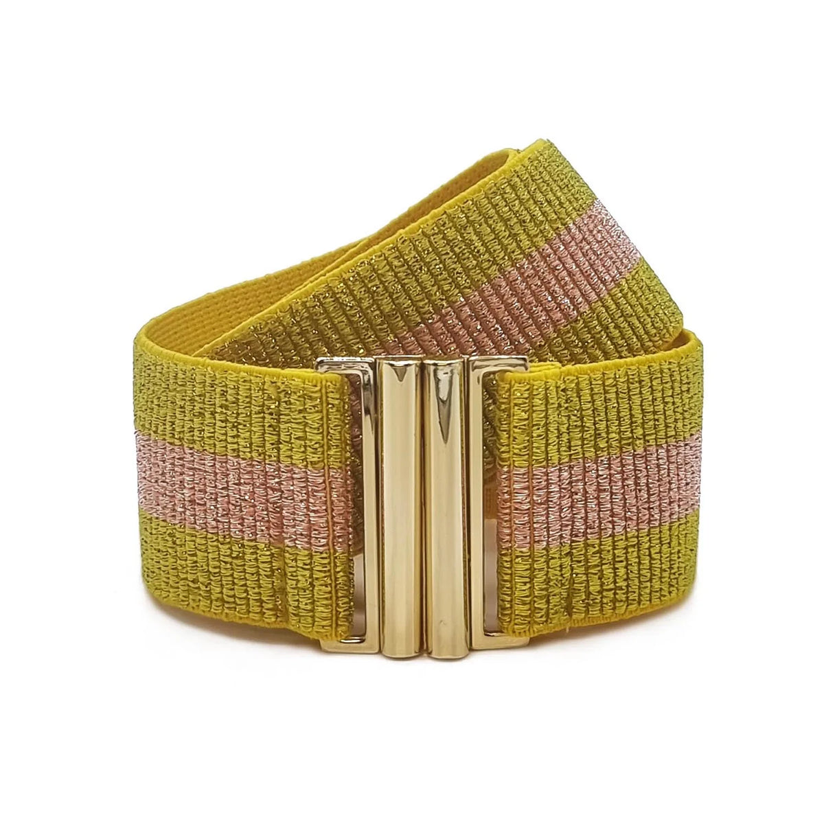Green and pink elasticated belt with gold buckle
