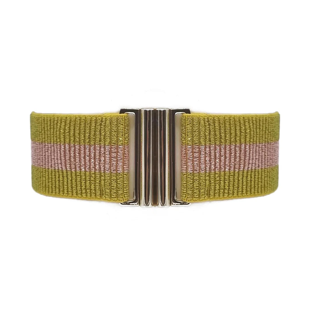 Green and pink elasticated belt with gold buckle