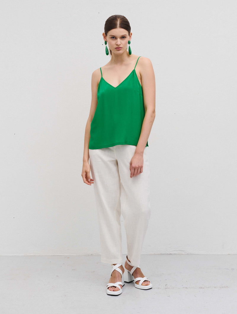 Silk green camisole with V neck and adjustable thin straps