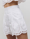 Broderie anglaise white shorts with scalloped edge and side seam pockets fully lined