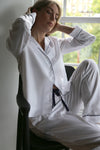 white herringbone long sleeve classic cut pyjamas with black piping trim and drawstring waist