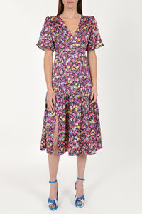 Midi length dress in navy floral print with short sleeves