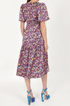 Midi length dress in navy floral print with short sleeves