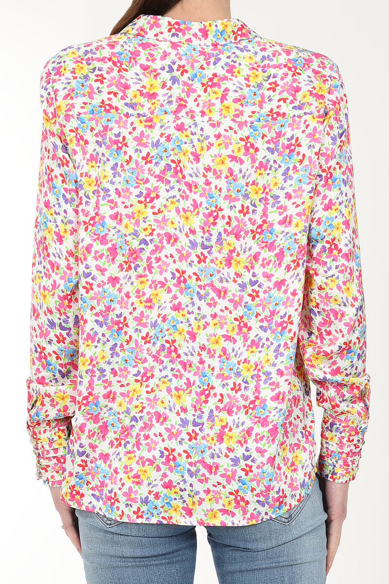 Ecru base ditsy floral print shirt with classic collar long sleeves and covered placket