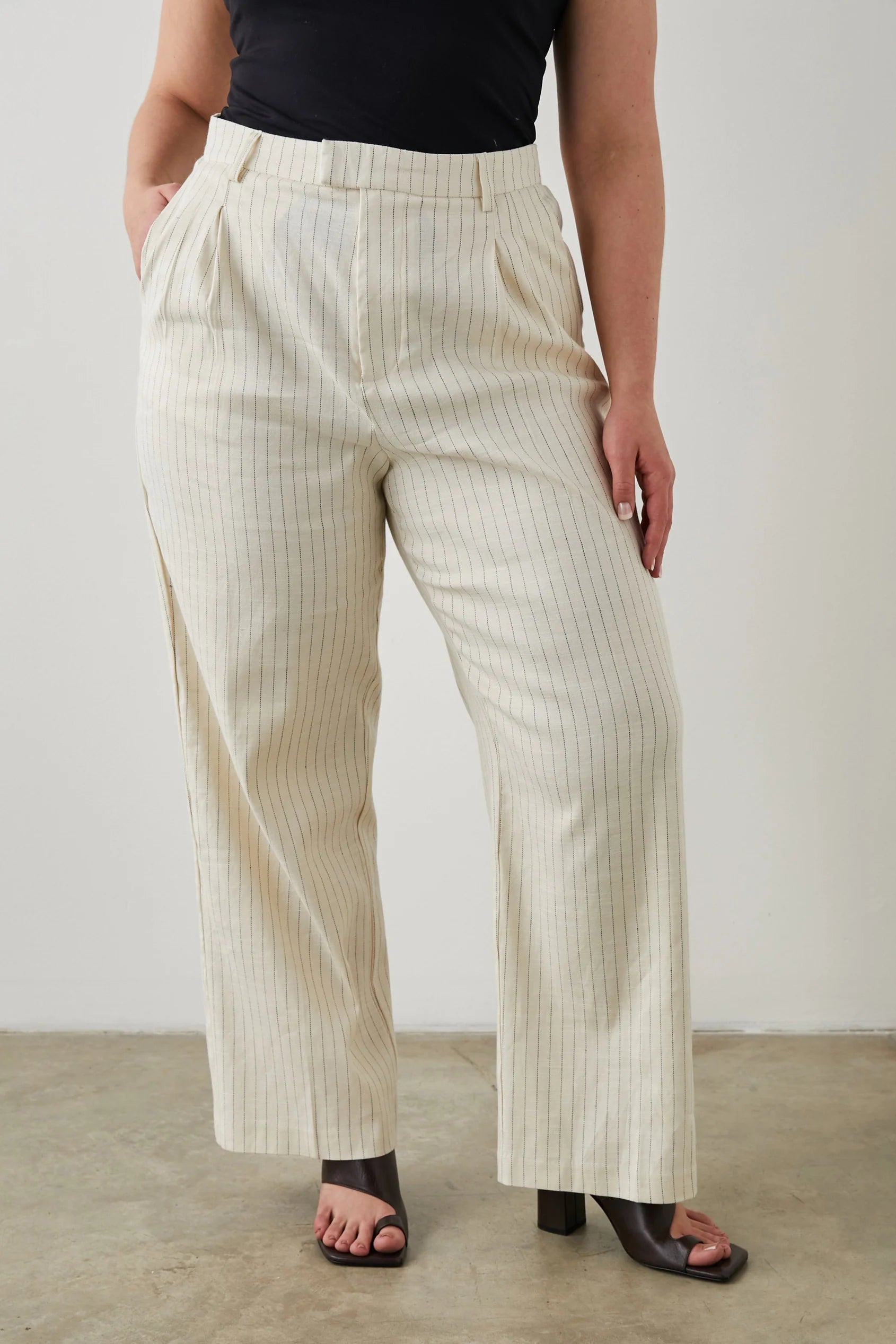 Wide leg ivory and navy pinstripe tailored wide leg trousers