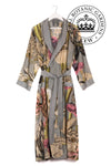 Grey lightweight dressing gown with iris flower designs and pink butterflies