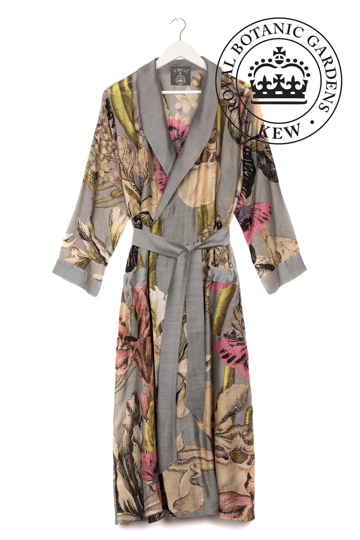 Grey lightweight dressing gown with iris flower designs and pink butterflies