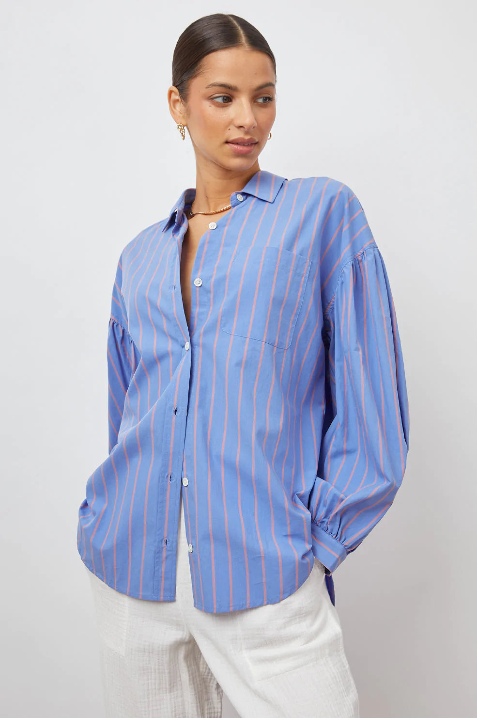 Royal blue and pink striped shirt with classic collar full length placket and white plastic button fastening long sleeves with gathering at the shoulders and cuffs